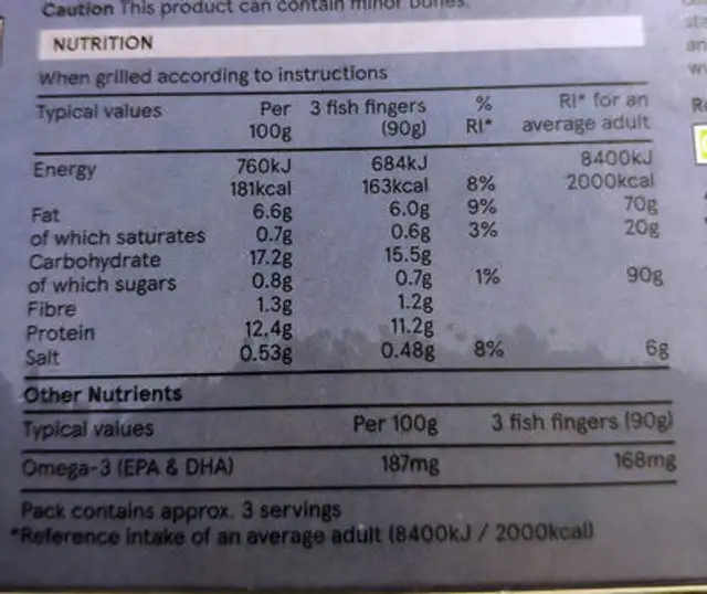 Omega 3 fish fingers nutrition facts table