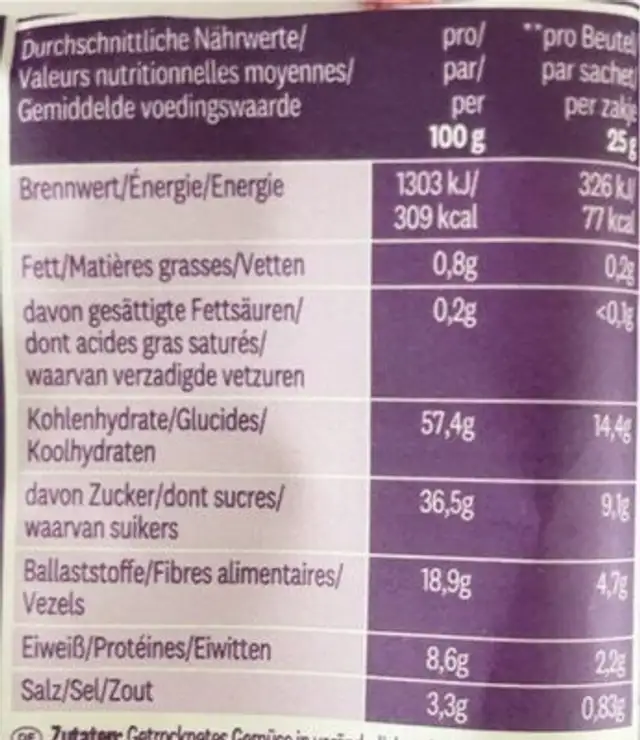 Mixed vegetables crisps nutrition facts table