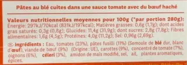 Pâte à la bolognaise nutrition facts table