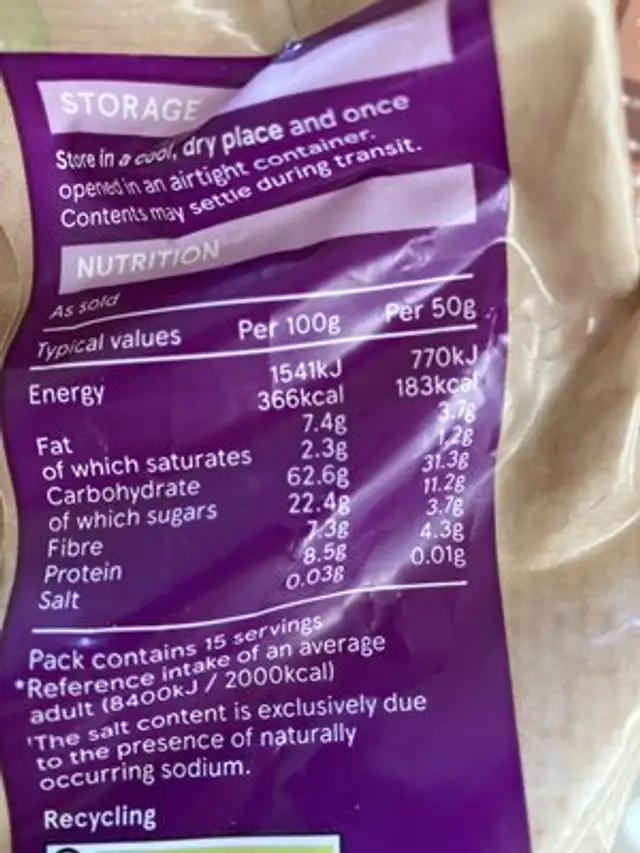 Fruit & nut muesli nutrition facts table
