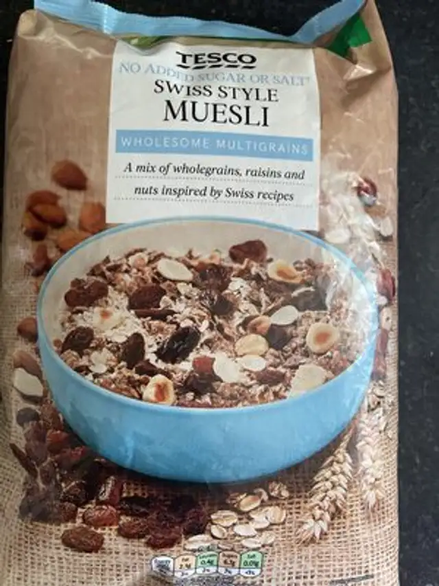 Tesco No Added Sugar or Salt Swiss Style Muesli front packaging