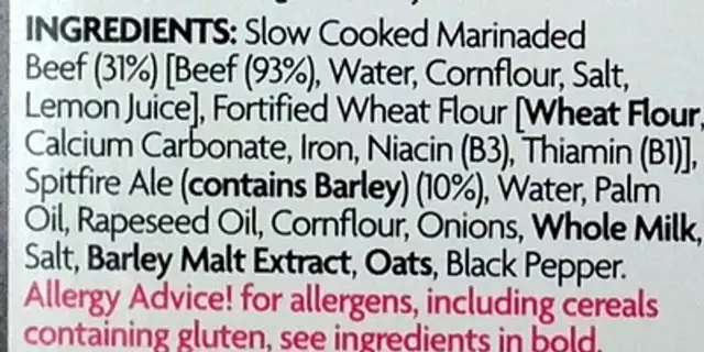 Ultimate Steak & Ale Pie ingredients label
