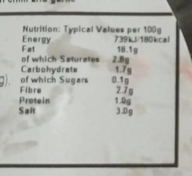 Chilli and Garlic Olives nutrition facts table
