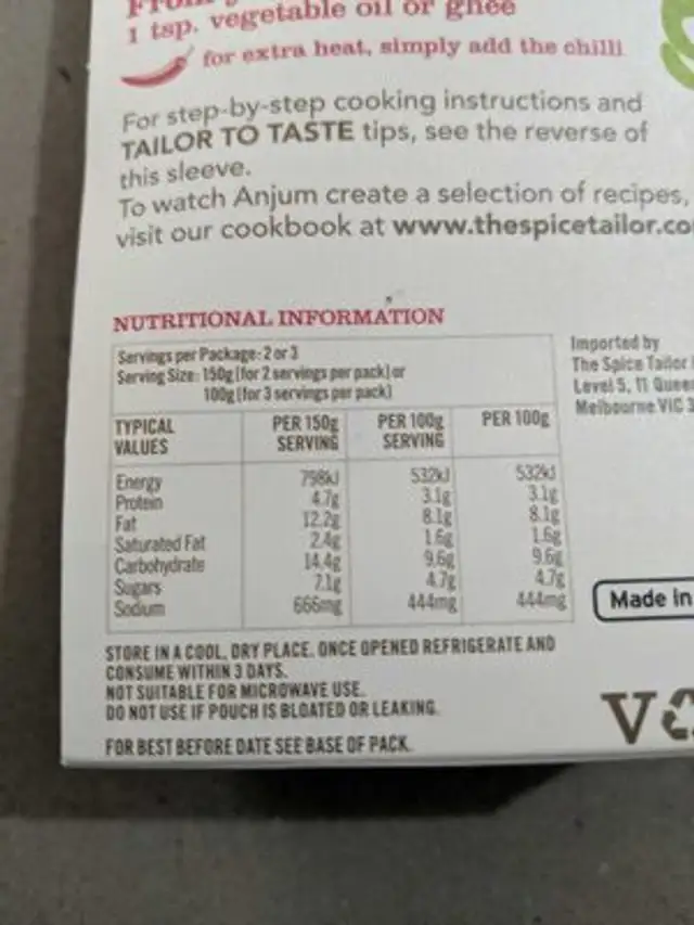 Hyderabad Red Korma nutrition facts table