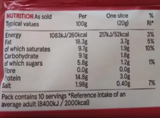Mature Slices nutrition facts table