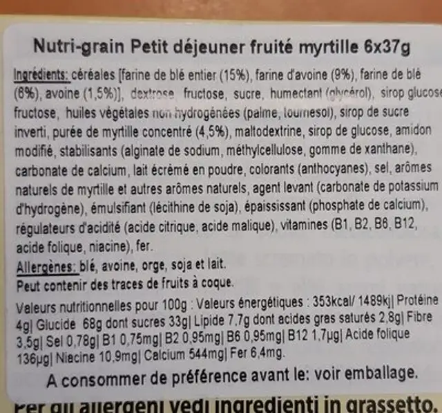Nutri grain ingredients label