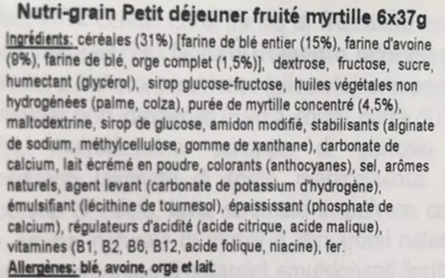 Bisc. nutri-grain X6 GR37 Mirt. ingredients label