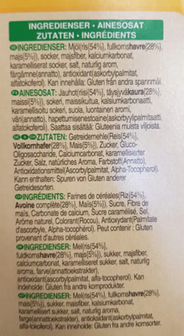 Rice Krispies multi grain ingredients label