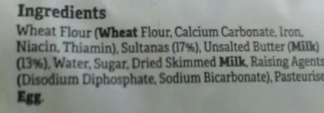 Tesco Fruit Scone ingredients label