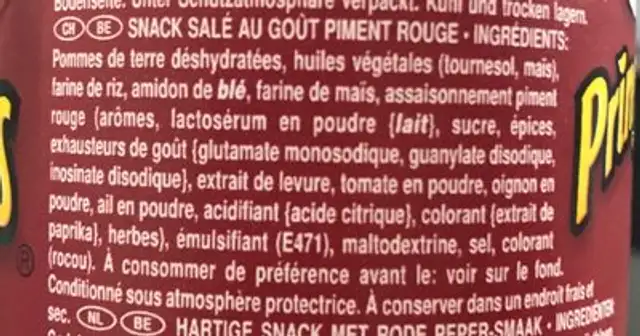 Red chilli ingredients label