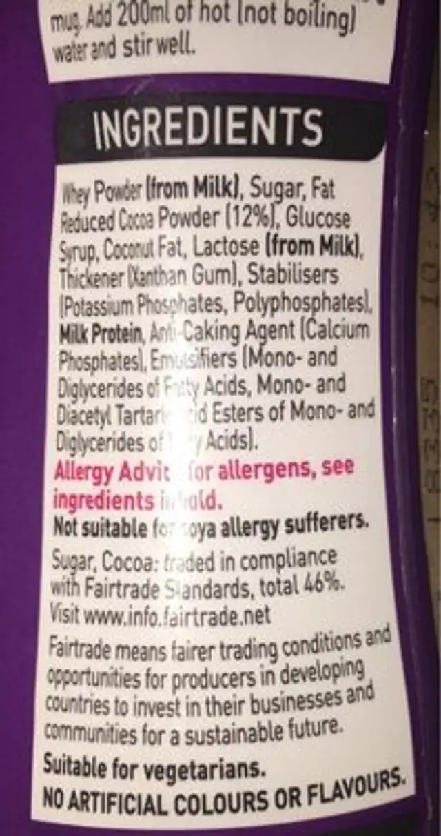 Fairtrade Instant Hot Chocolate ingredients label