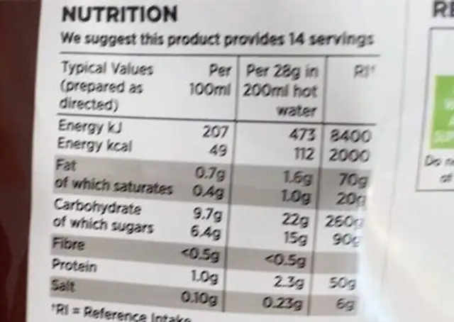 Fairtrade Instant Hot Chocolate nutrition facts table