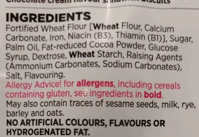 Bourbon Biscuits ingredients label
