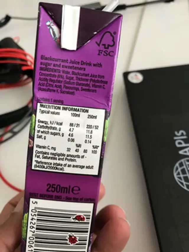 Ribena Blackcurrant ingredients label