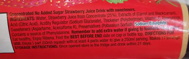 Ribena Strawberry No Added Sugar Concentrate ingredients label
