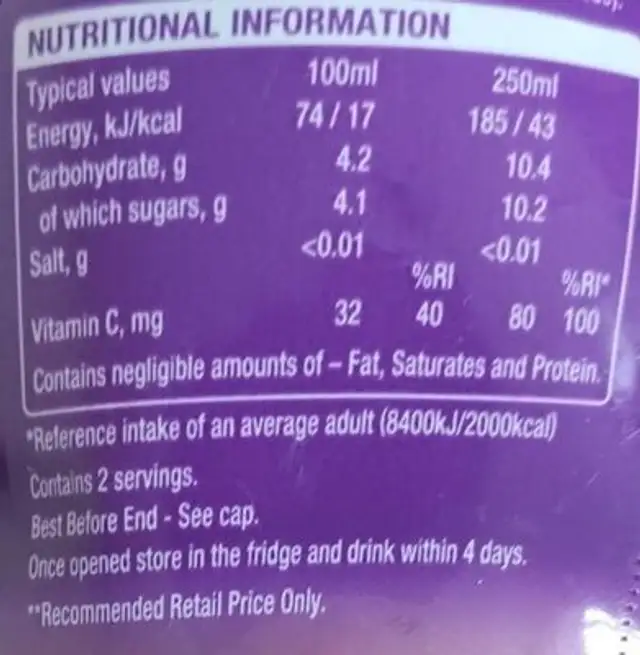 Ribena Sparkling nutrition facts table