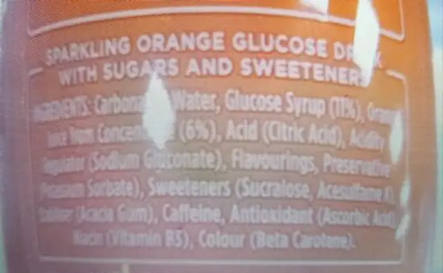 Lucozade Energy Orange ingredients label