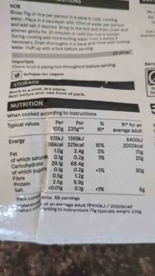 Jasmin rice nutrition facts table