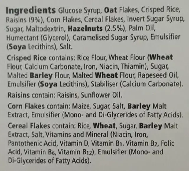 Barre de céréales fruit et noix ingredients label