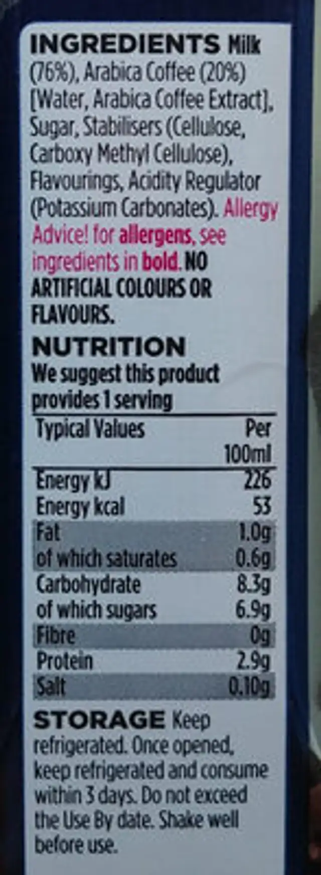 Caffe latte Classic flavour ingredients label