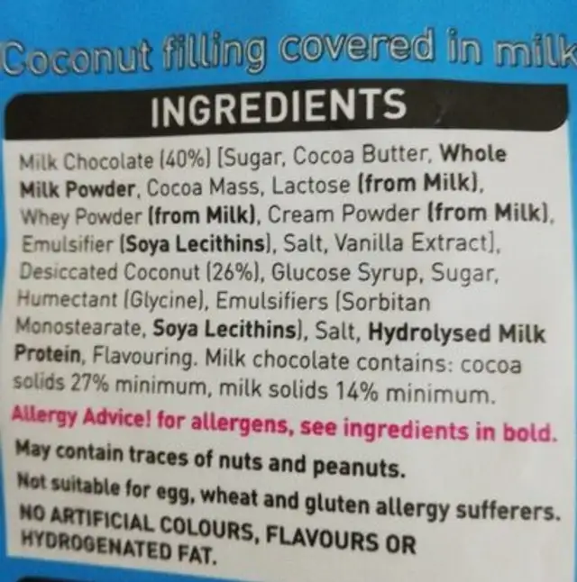 Coconut bites ingredients label