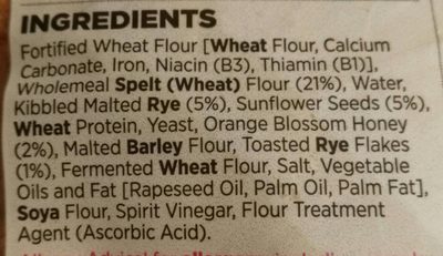 Spelt & Rye Sliced Loaf ingredients label