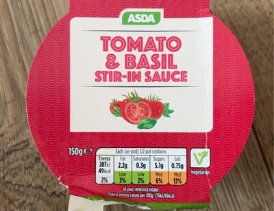 Tomato and basil stir in pasta sauce front packaging