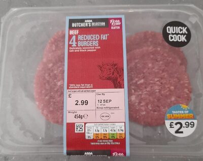 4 Reduced Fat Beef Burgers front packaging