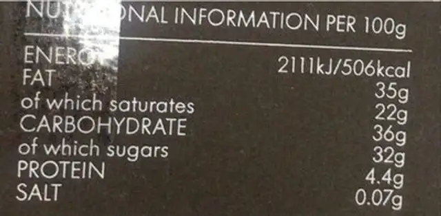 Dark chocalate nutrition facts table