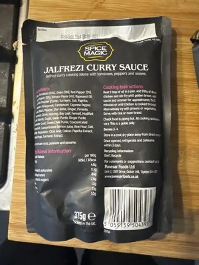 Jalfrezi Curry Sauce nutrition facts table