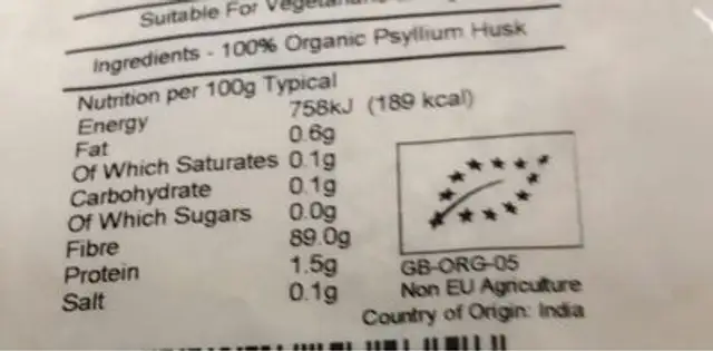 Organic psyllium husk nutrition facts table