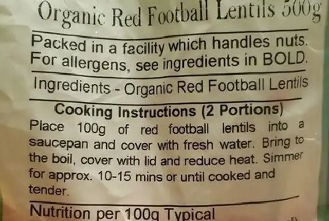 Organic red football lentils nutrition facts table