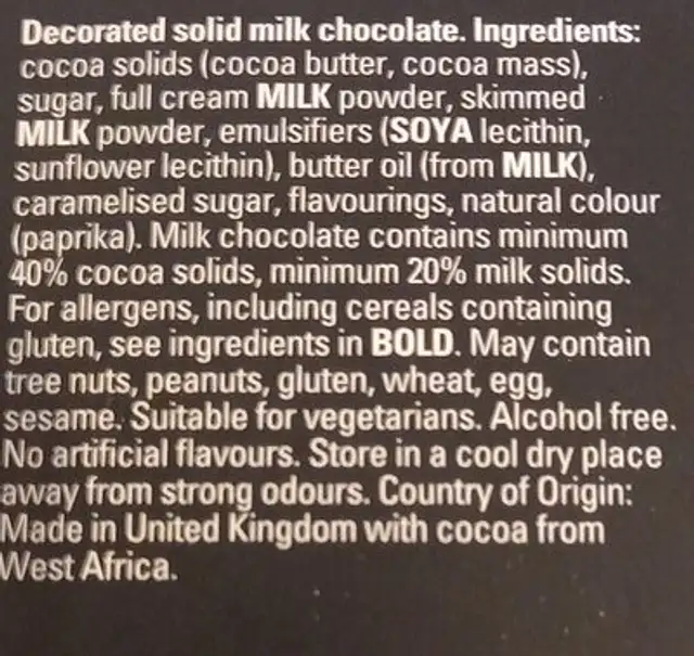 Puppy chocolate ingredients label