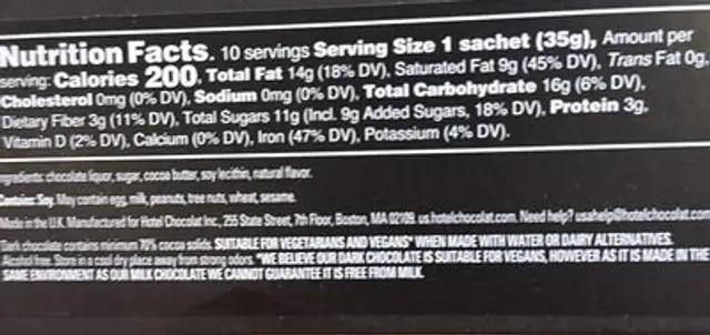 Classic 70 Drinking Chocolate ingredients label