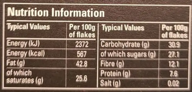 Classic 70 Drinking Chocolate nutrition facts table