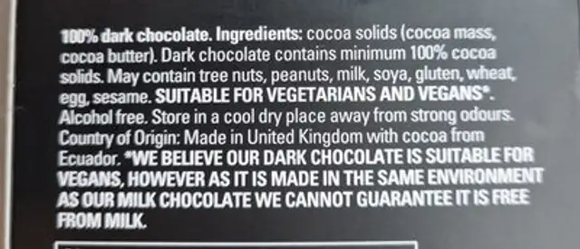 Batons 100% Dark Ecuador ingredients label