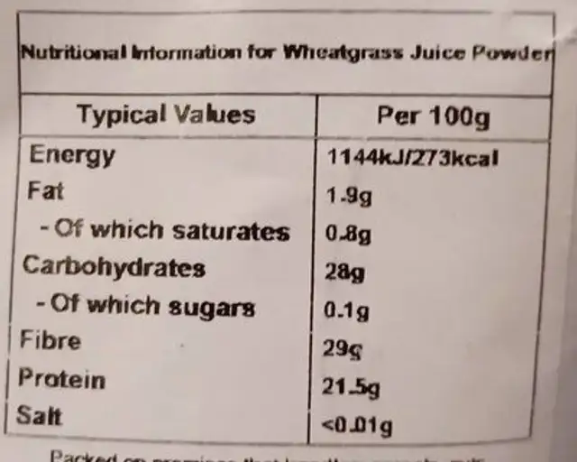 Wheatgrass juice powder nutrition facts table