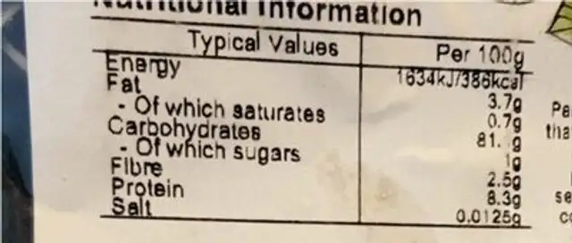 Organic puffed  brown rice nutrition facts table