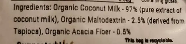 Organic Coconut Milk Powder ingredients label