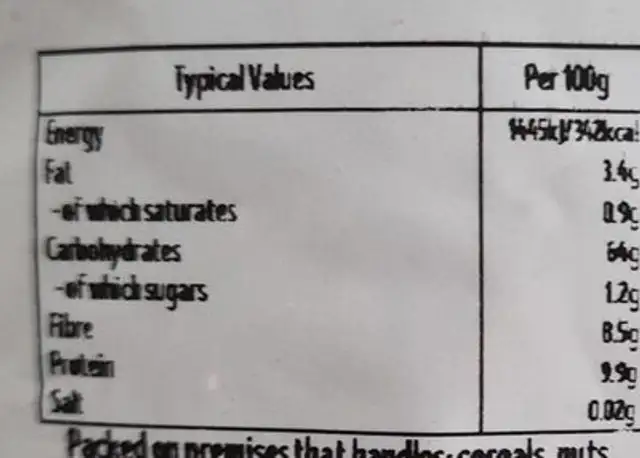 Organic Black Rice nutrition facts table