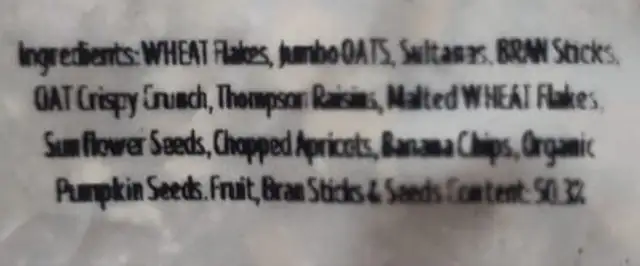 High Fruit and Fibre Muesli ingredients label