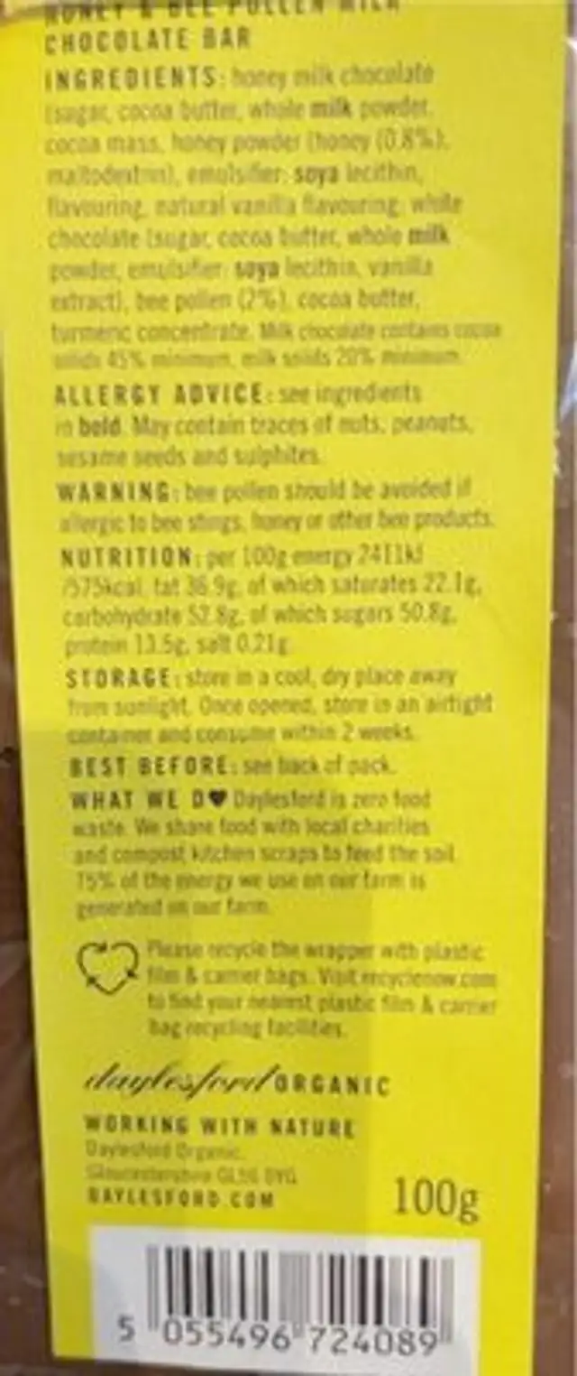 Daylesford bee bar nutrition facts table