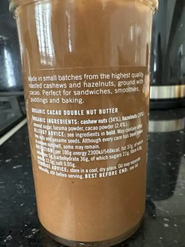 Nut butter nutrition facts table