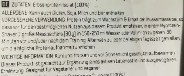 Pea Protein Isolate (Geschmacksneutral) ingredients label
