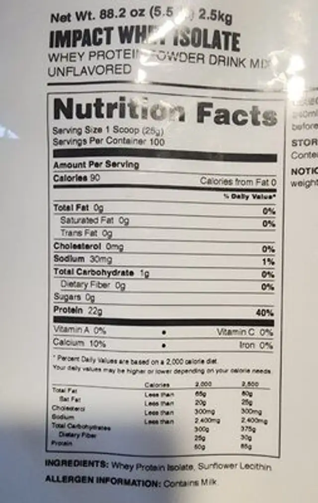 IMPACT Whey Isolate nutrition facts table