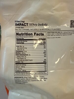 Imapct WHEY ISOLATE nutrition facts table