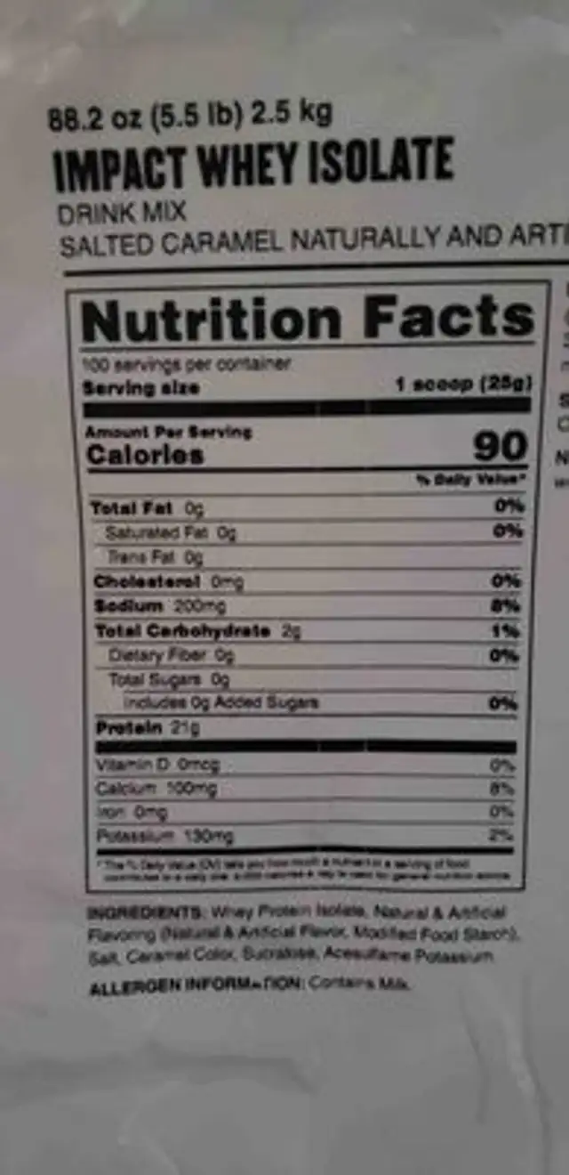 Impact Whey Isolate nutrition facts table