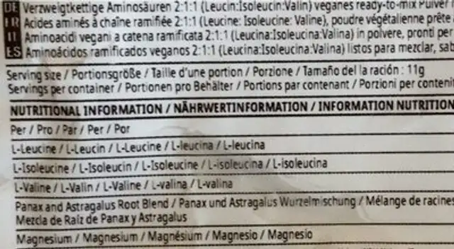 BCCa Sustain nutrition facts table