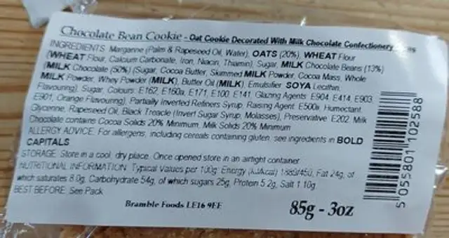 Chocolate Bean Cookie nutrition facts table
