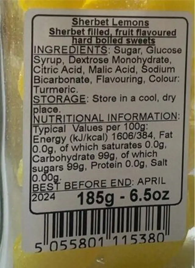 Sherbet lemon nutrition facts table